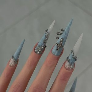 Denim Texture Extra Long Stiletto Press On Nails With Silver Cross Charms - handmade custom press-on nails main product photo