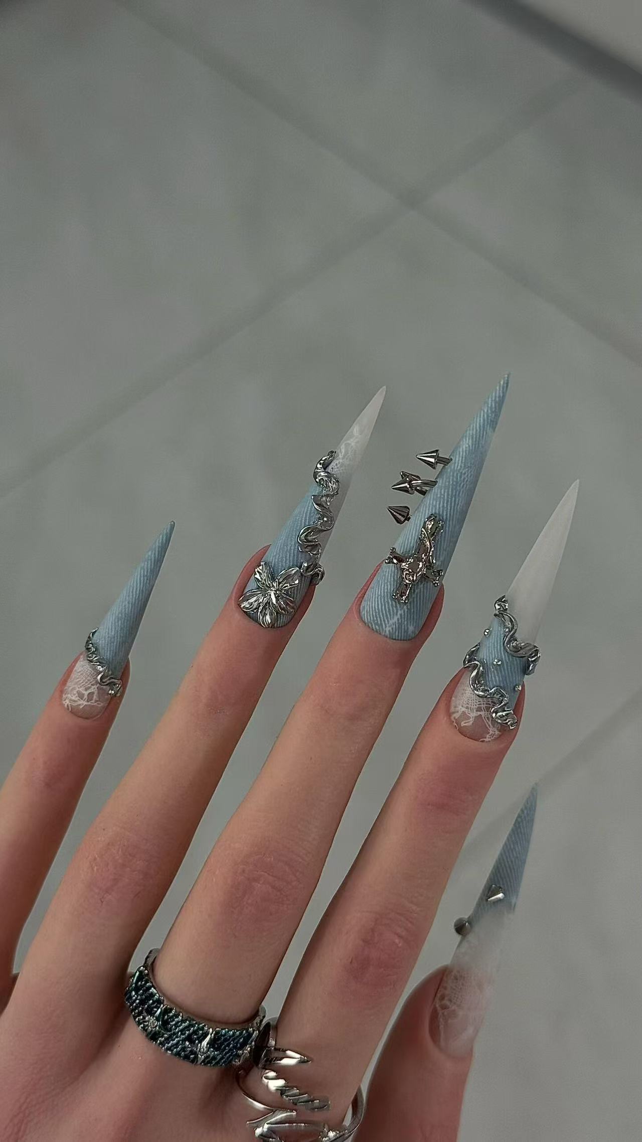 Denim Texture Extra Long Stiletto Press On Nails With Silver Cross Charms - handmade custom press-on nails main product photo