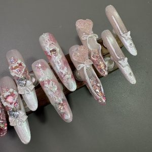 Pink Glitter Heart Bow Long Almond Press On Nails - handmade custom press-on nails main product photo