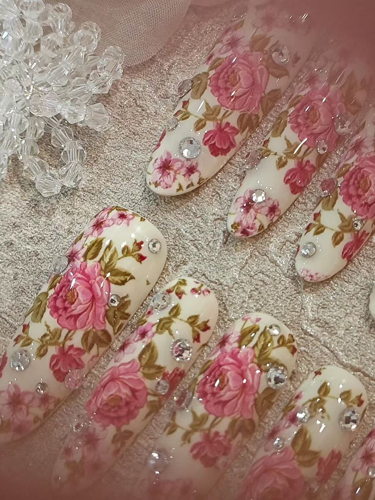 Vintage Pink Rose Rhinestone Long Almond Press On Nails - handmade custom press-on nails detail gallery photo