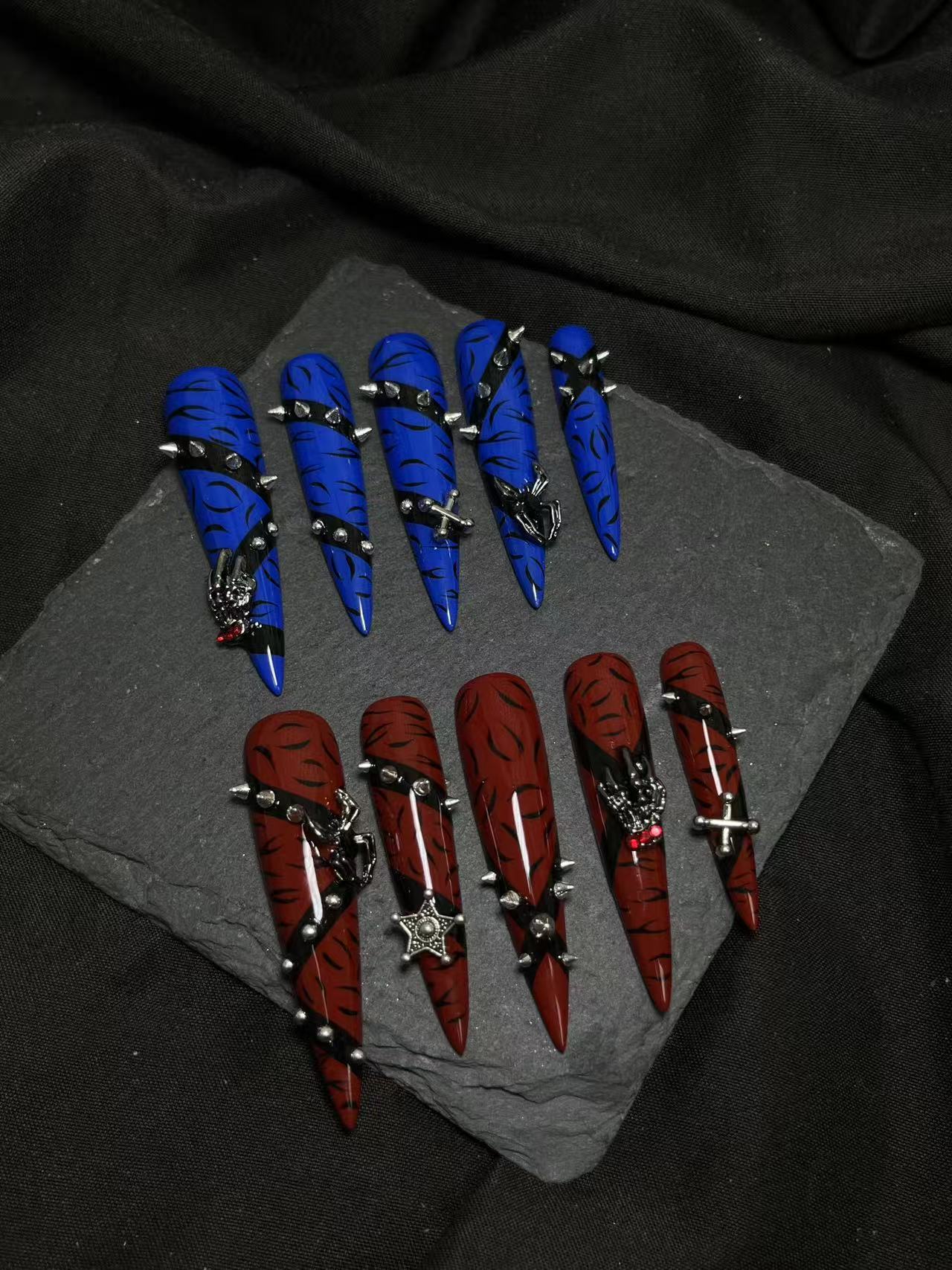 Blue Red Tiger Stripe Rivet Gothic Long Stiletto Press On Nails - handmade custom press-on nails detail gallery photo