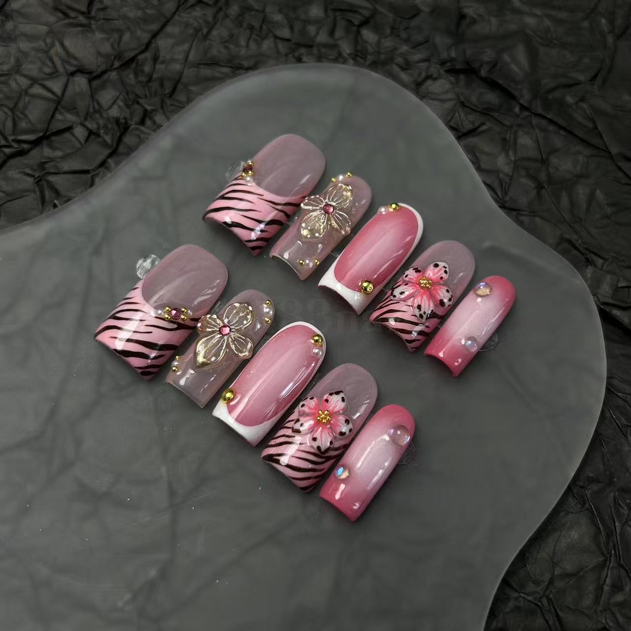 Pink Zebra‑Print 3D Flower Press‑on Nails - Image 3