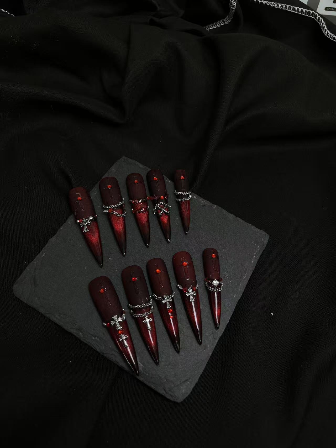 Bloodthirsty Nun Dark Red Cross Long Stiletto Press On Nails - Image 3