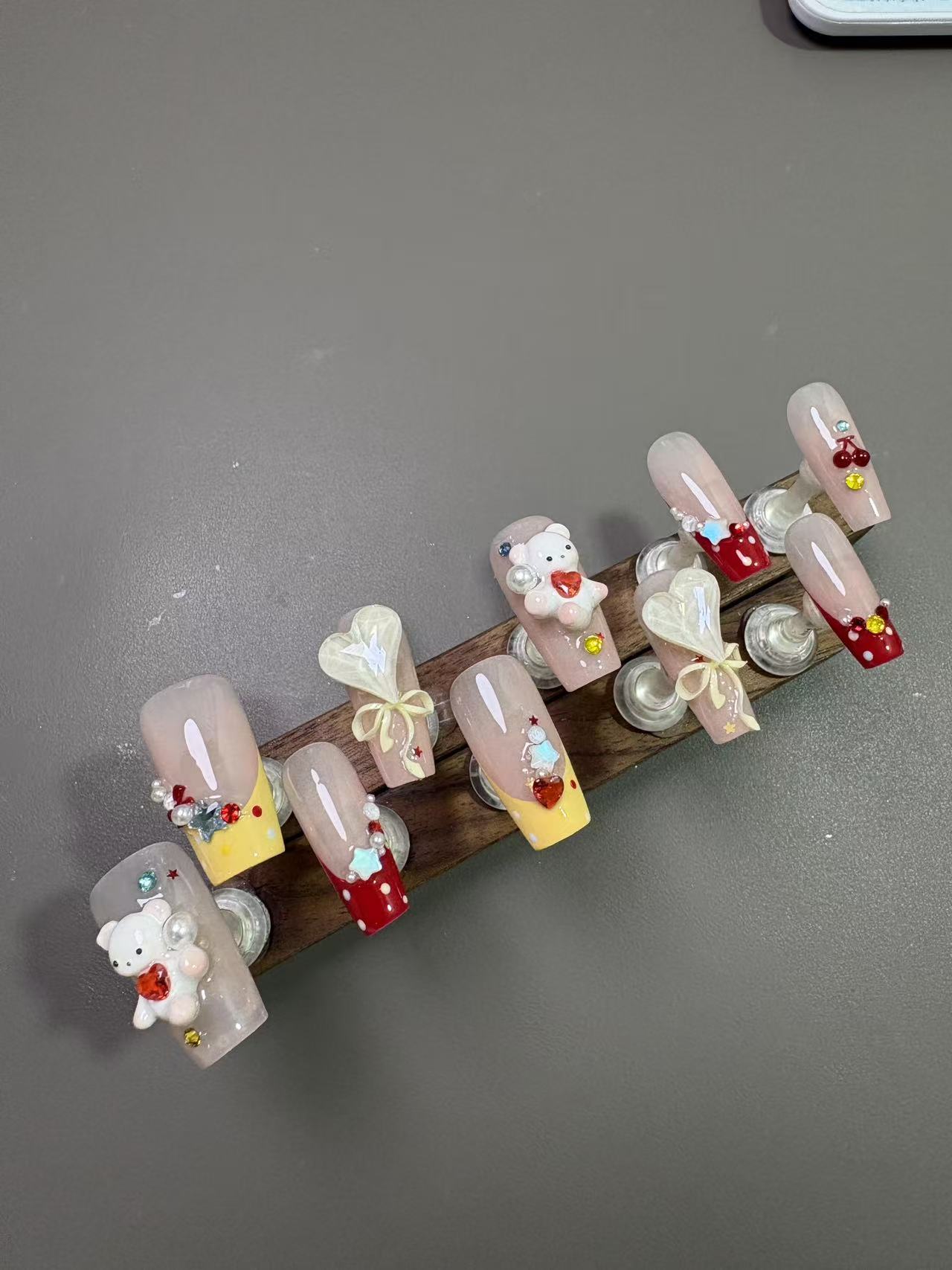 Cute Cartoon Bear Cherry French Medium Coffin Press On Nails - handmade custom press-on nails detail gallery photo