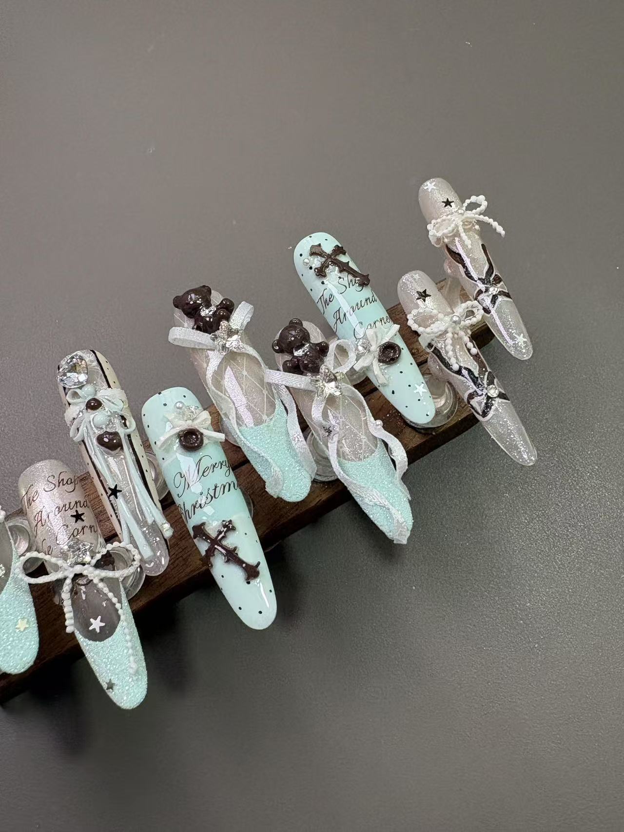 Mint Green Ribbon Bear Cross Long Stiletto Press On Nails - handmade custom press-on nails detail gallery photo