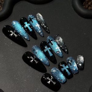 Blue Glitter Star Cross Dark Gothic Long Coffin Press On Nails