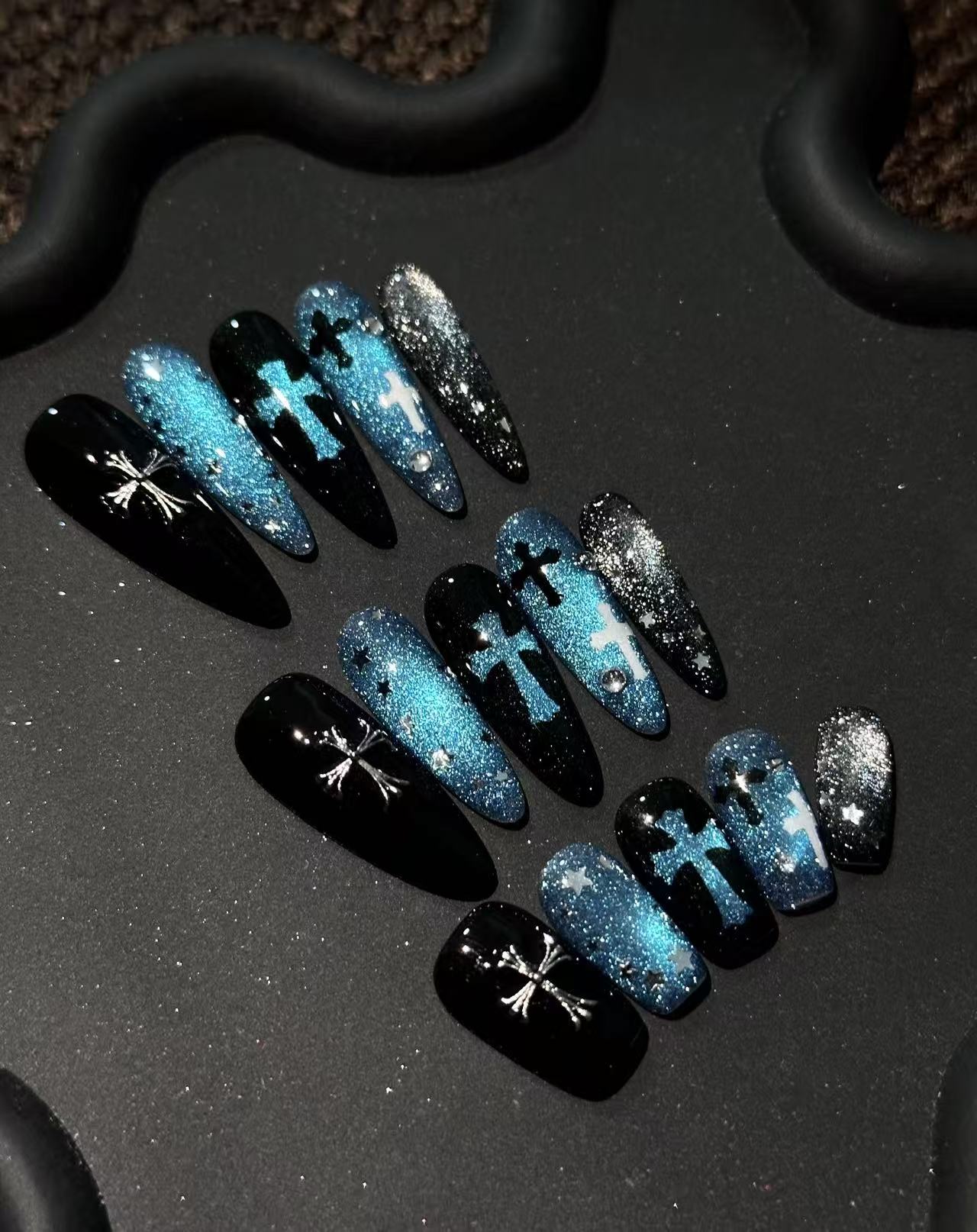 Blue Glitter Star Cross Dark Gothic Long Coffin Press On Nails
