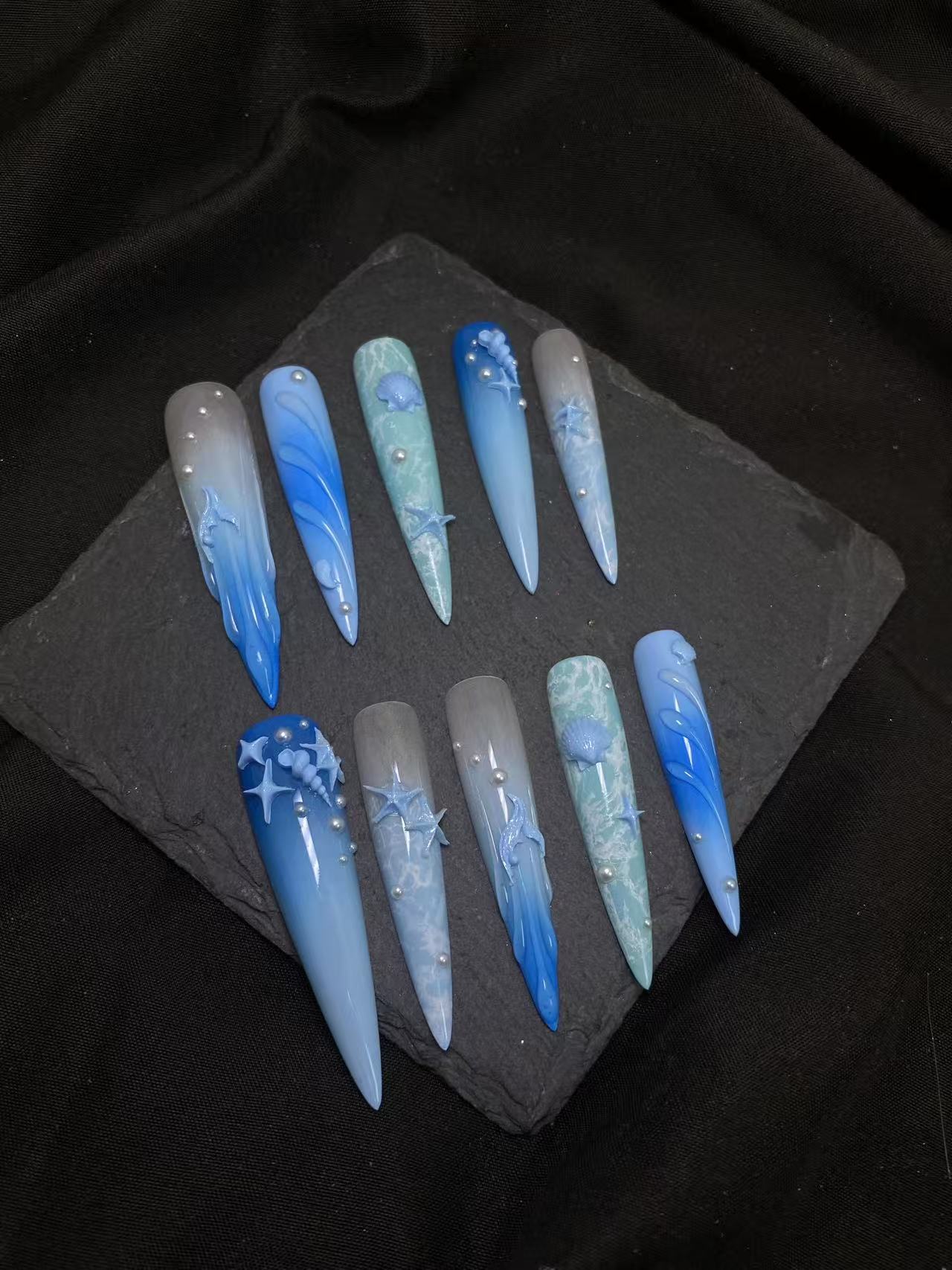 Ocean Blue Gradient 3D Marine Creature Long Stiletto Press On Nails - Image 2
