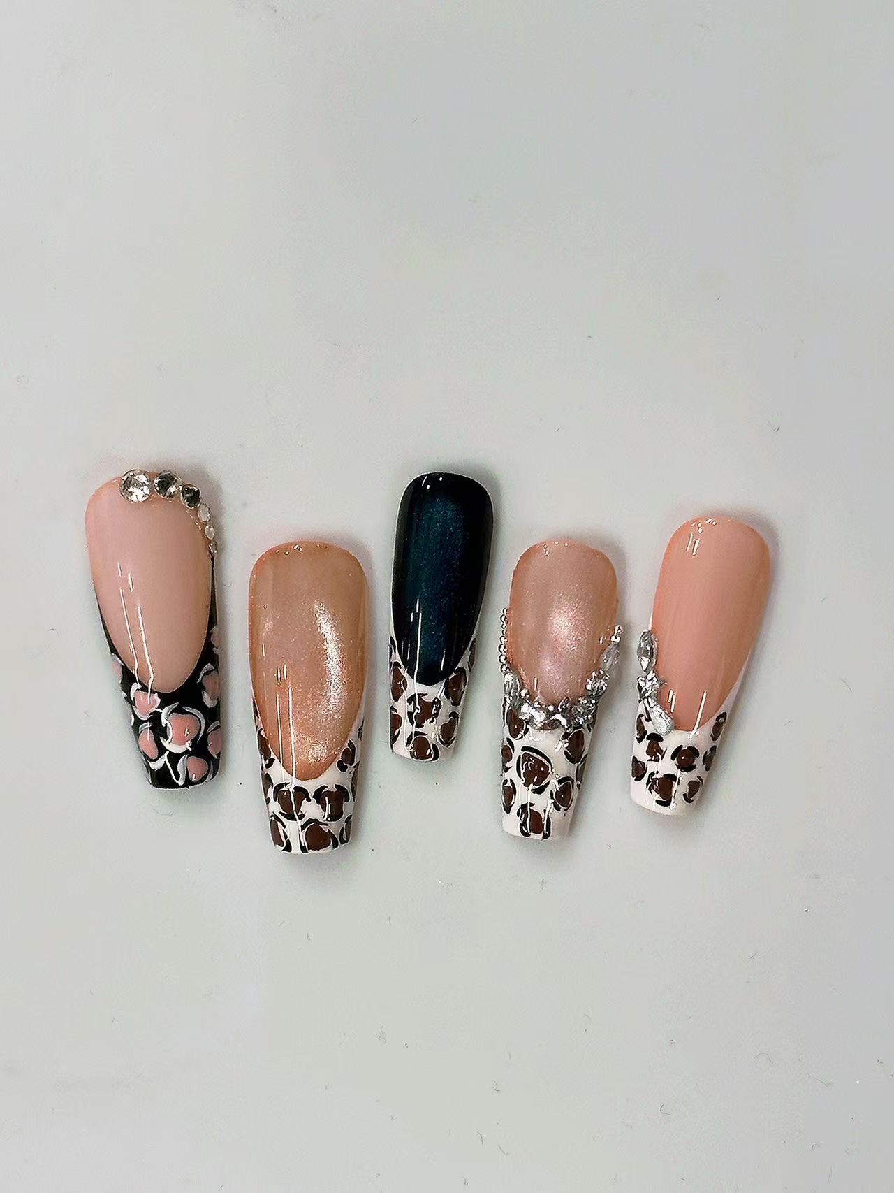 Leopard French Cat Eye Rhinestone Long Coffin Press On Nails - handmade custom press-on nails detail gallery photo