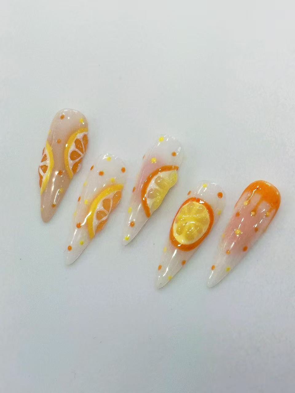 3D Orange Slice Jelly Long Stiletto Press On Nails - handmade custom press-on nails detail gallery photo