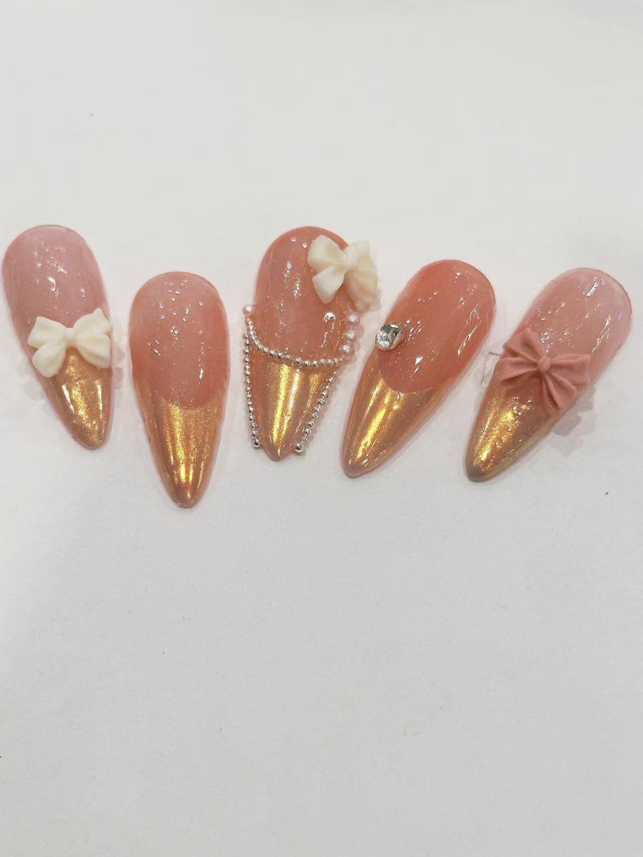 Pink Gold French Bow Pearl Long Almond Press On Nails - handmade custom press-on nails detail gallery photo