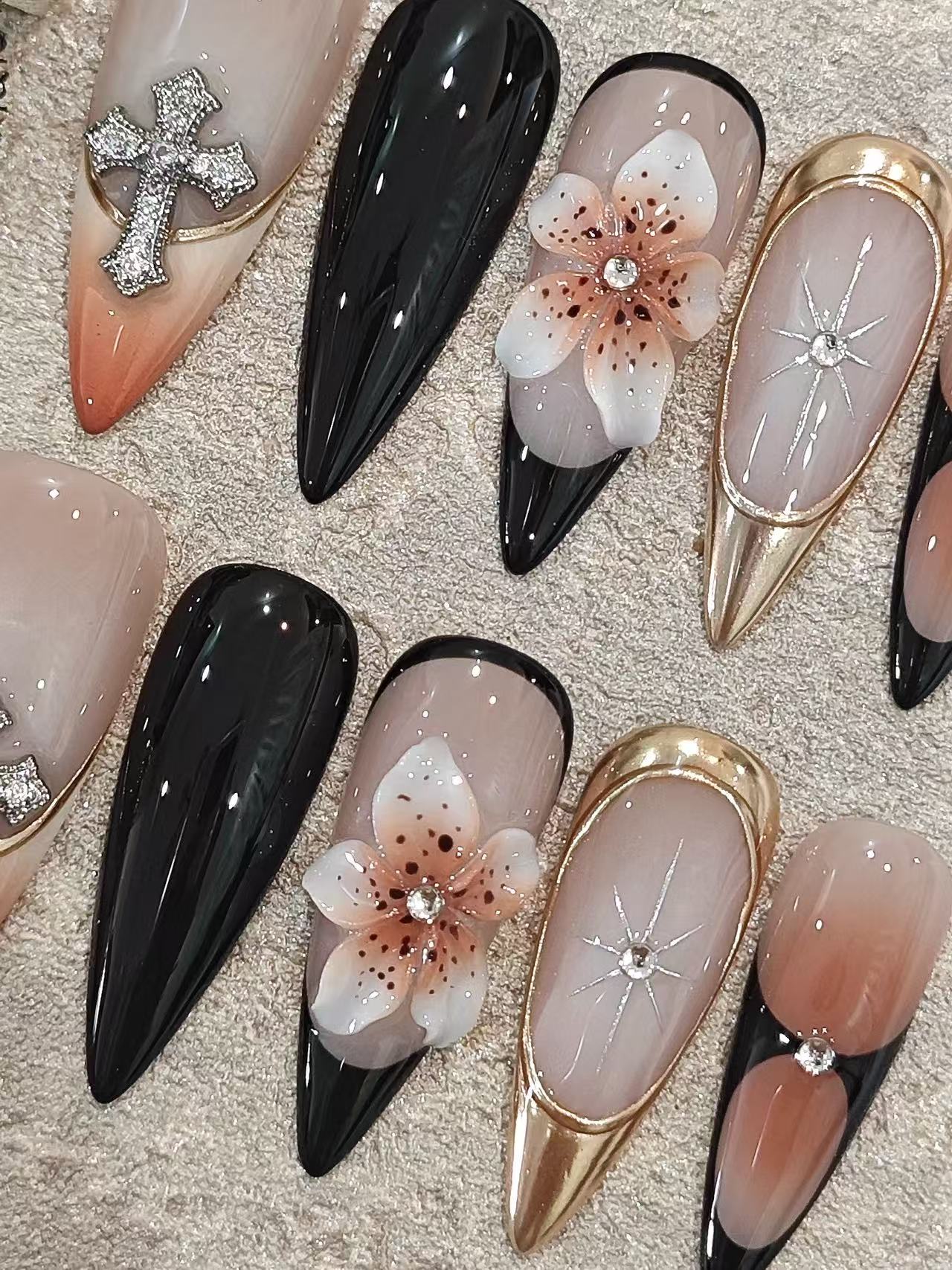 Nude Orange Gradient Cross 3D Flower Stiletto Press On Nails - handmade custom press-on nails detail gallery photo