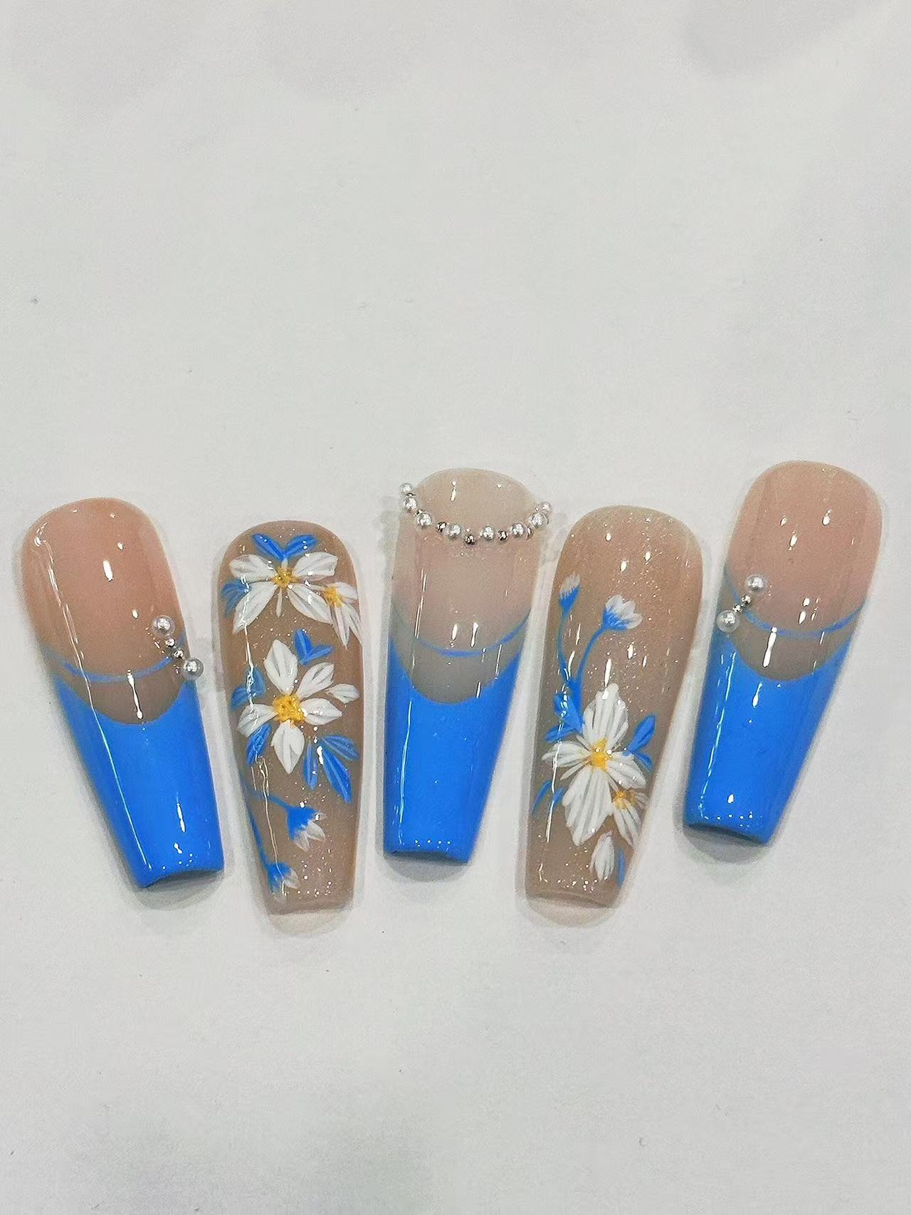 Blue French Daisy Pearl Long Coffin Press On Nails - handmade custom press-on nails detail gallery photo