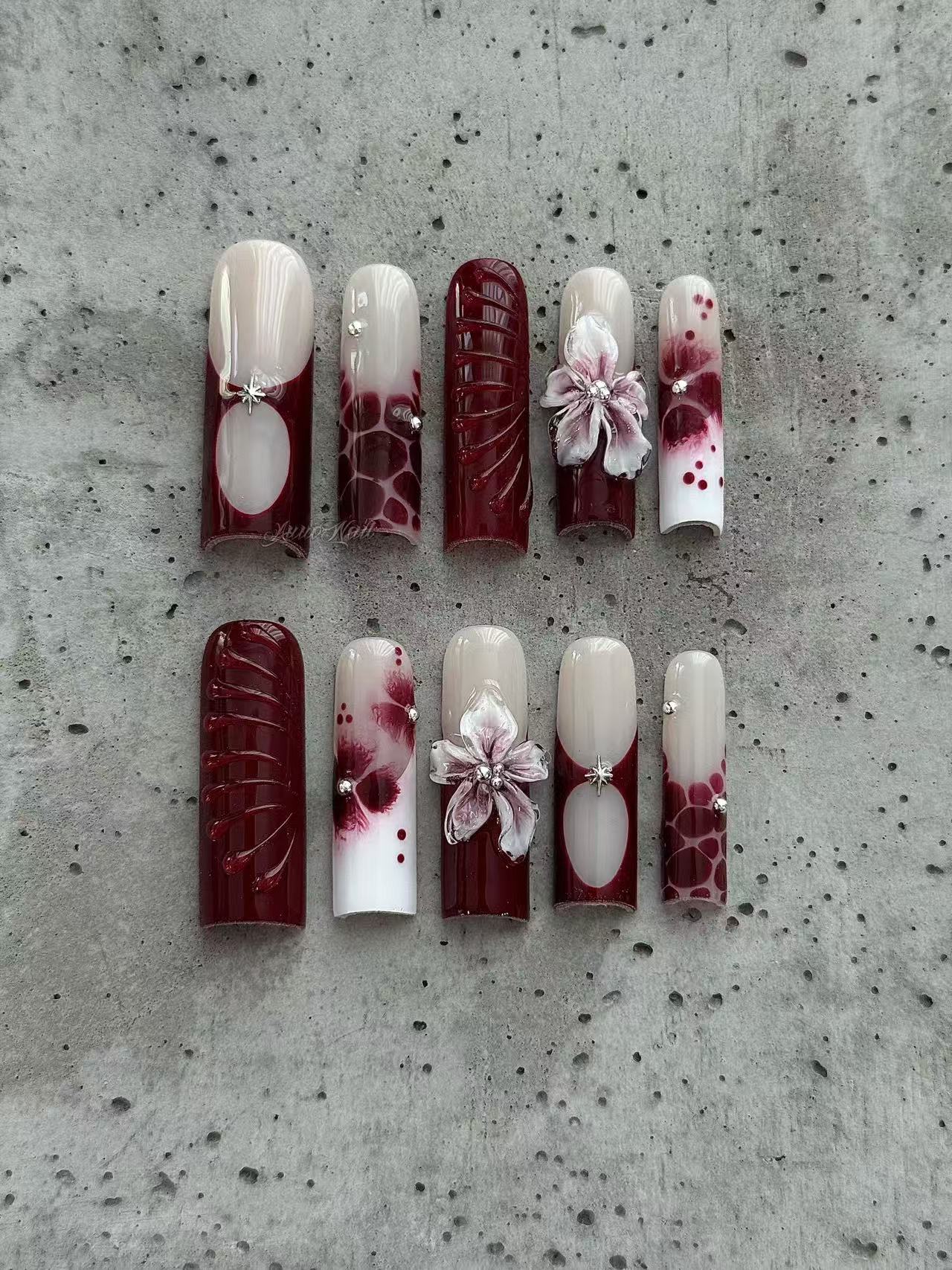 Wine Red 3D Flower Gradient Long Square Press-on Nails - handmade custom press-on nails detail gallery photo