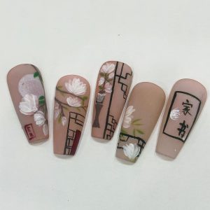 Chinese Style Magnolia “Home Letter” Matte Long Coffin Press On Nails - handmade custom press-on nails main product photo