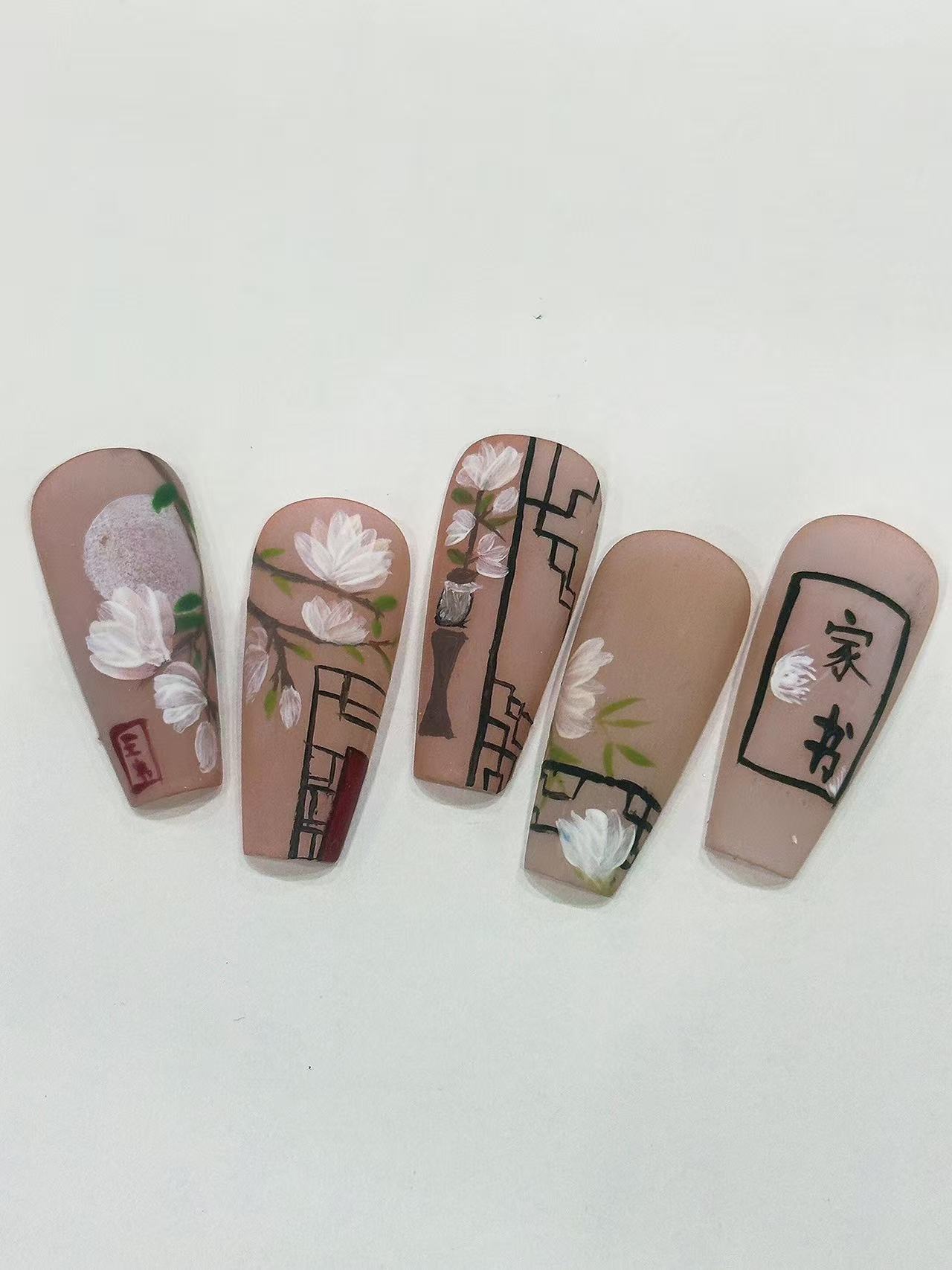 Chinese Style Magnolia “Home Letter” Matte Long Coffin Press On Nails - handmade custom press-on nails main product photo