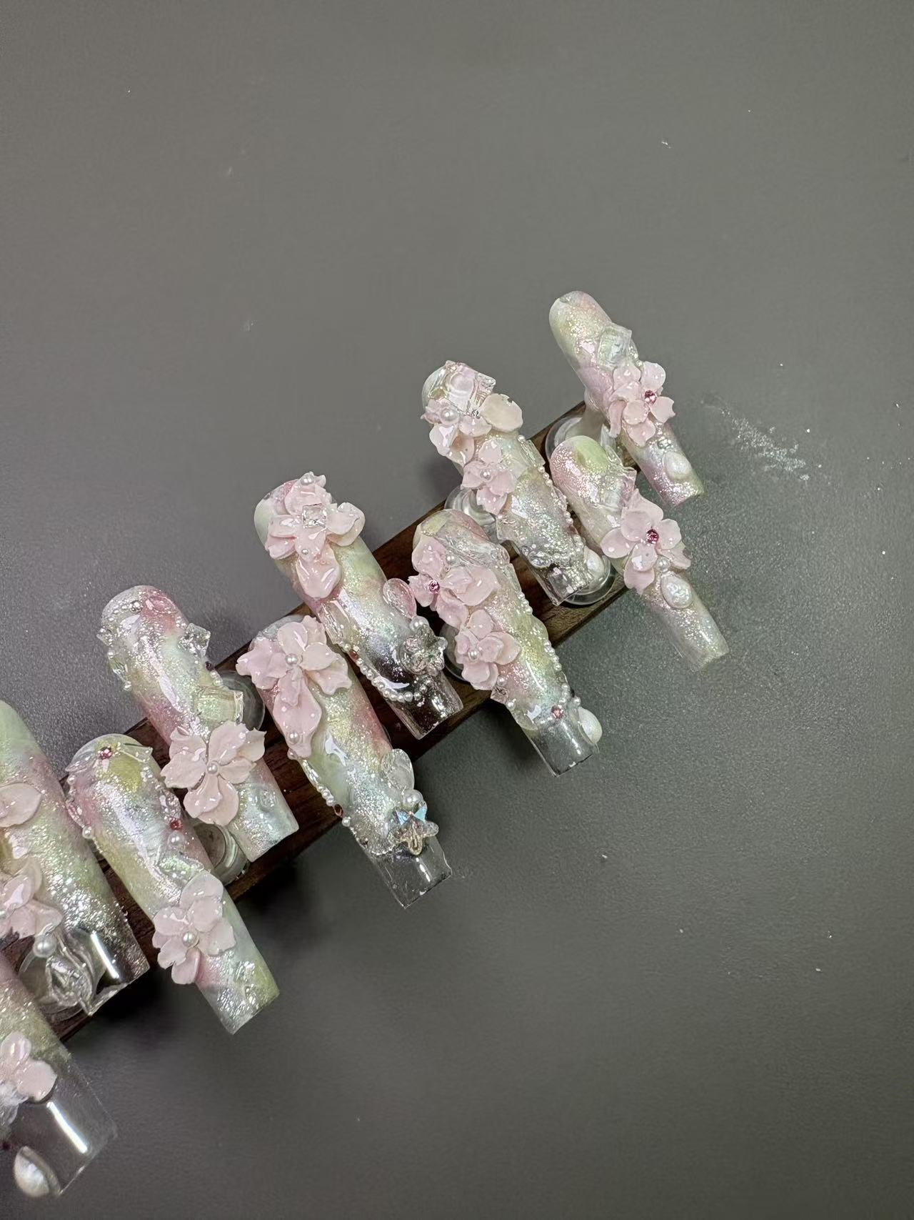 Iridescent Glitter 3D Pink Flower Long Coffin Press On Nails - handmade custom press-on nails detail gallery photo