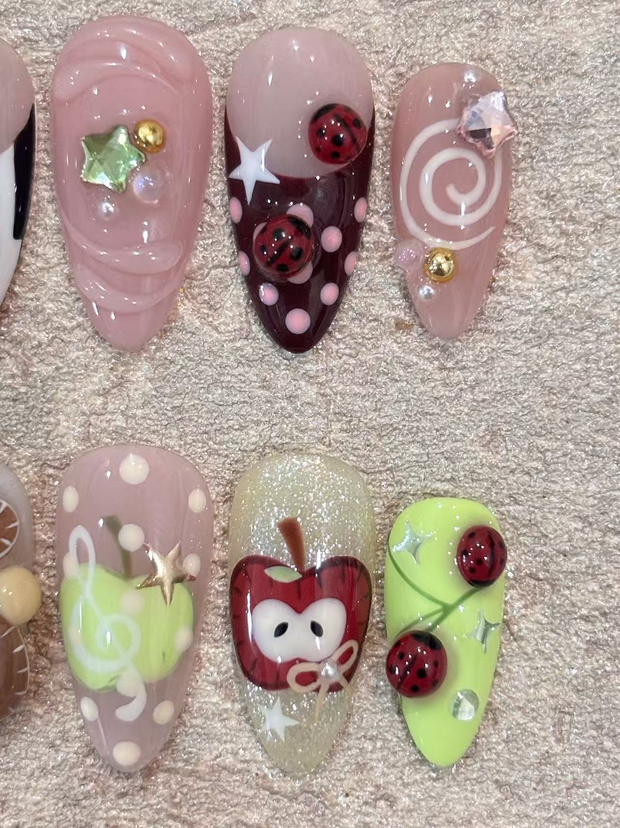 Cute Cartoon Ladybug Bear Apple Almond Press On Nails - handmade custom press-on nails detail gallery photo