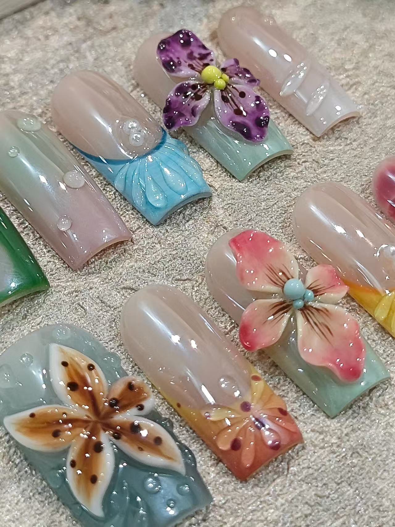3D Hand Painted Floral Spring Water Drop Square Press On Nails - handmade custom press-on nails detail gallery photo