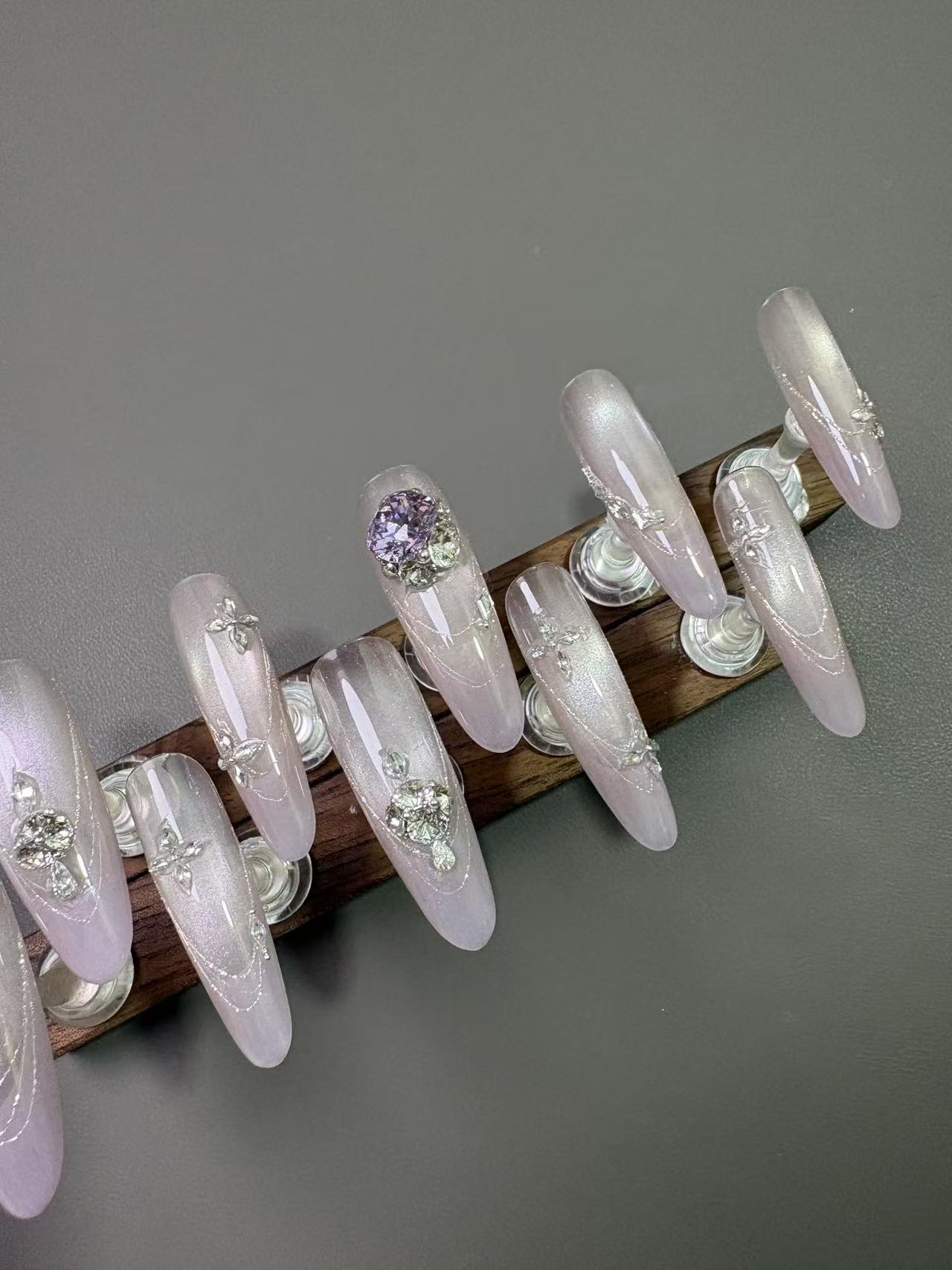 Pink Aurora Cat Eye Purple Rhinestone Long Almond Press On Nails - handmade custom press-on nails detail gallery photo