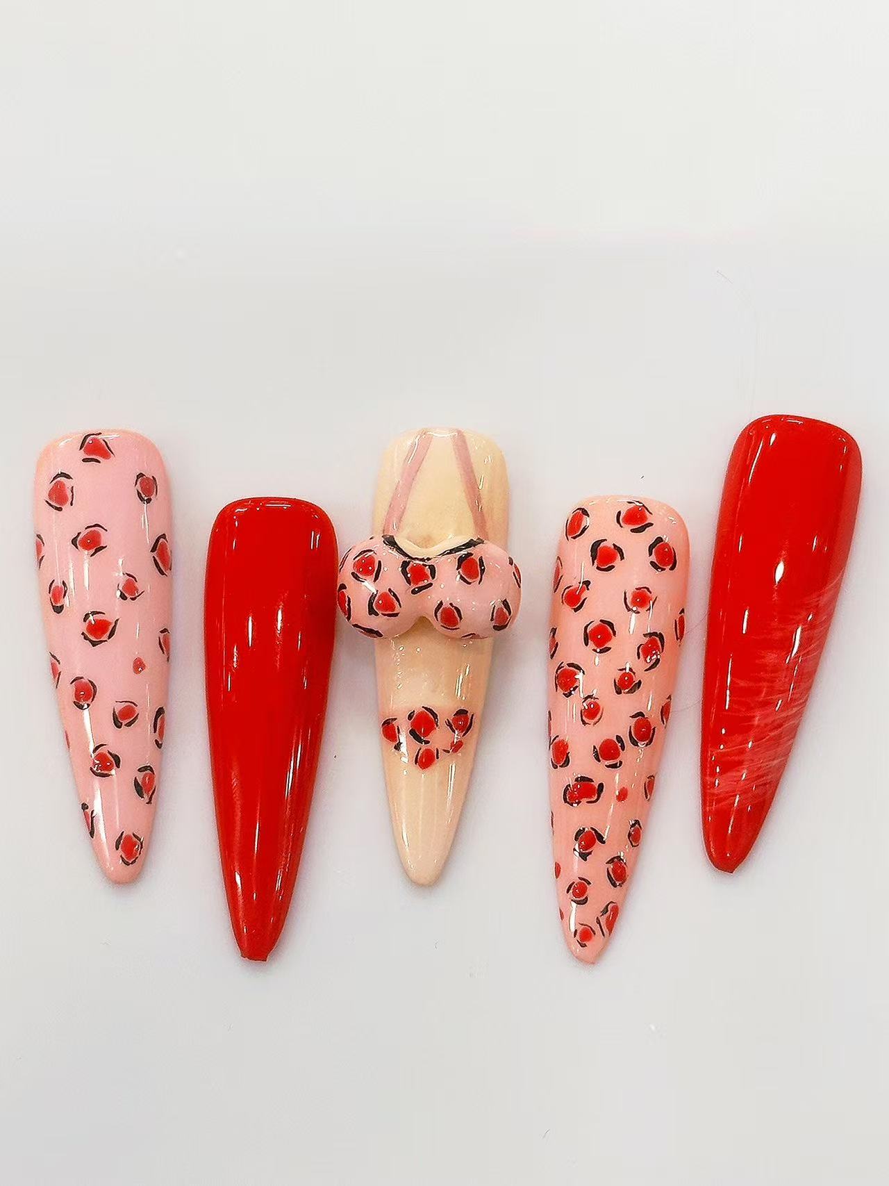 Pink Red Leopard 3D Bikini Long Stiletto Press On Nails - handmade custom press-on nails detail gallery photo