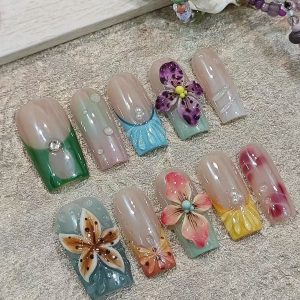 3D Hand Painted Floral Spring Water Drop Square Press On Nails - handmade custom press-on nails main product photo