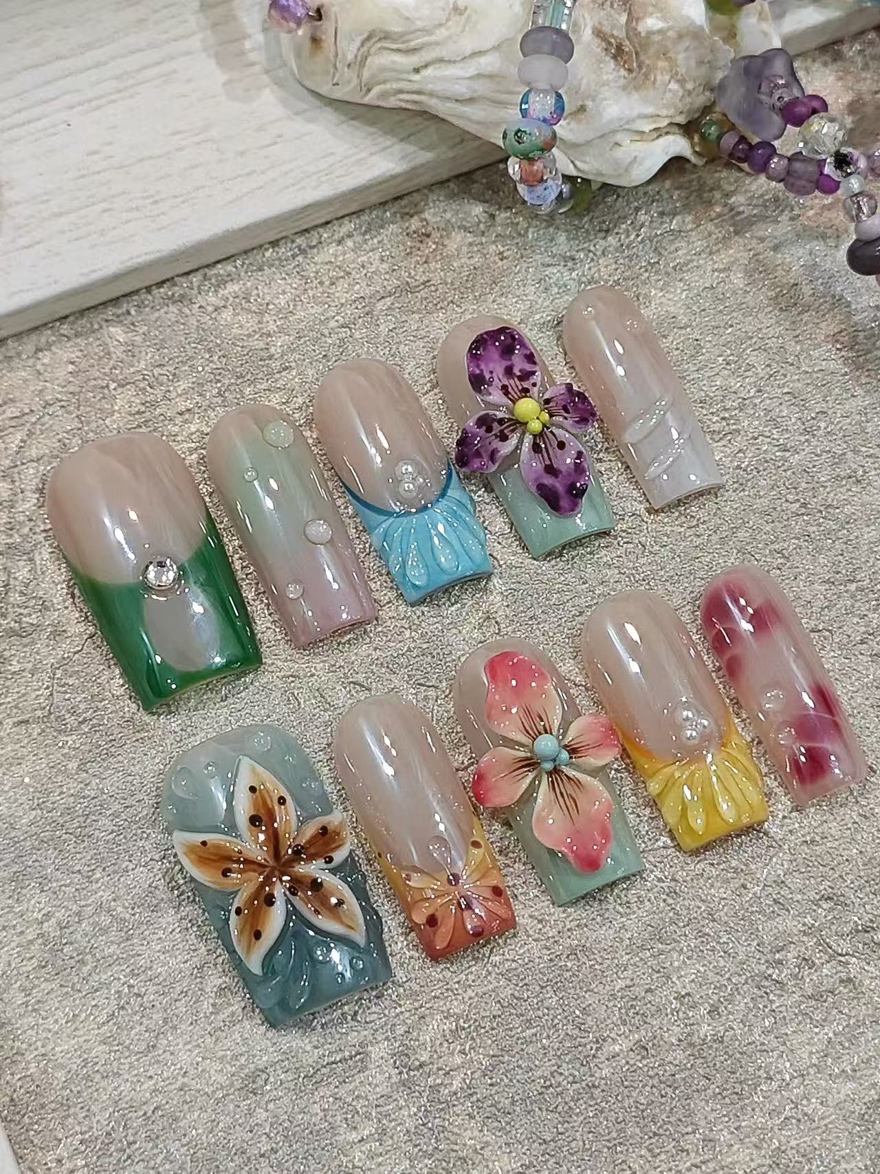 3D Hand Painted Floral Spring Water Drop Square Press On Nails - handmade custom press-on nails main product photo