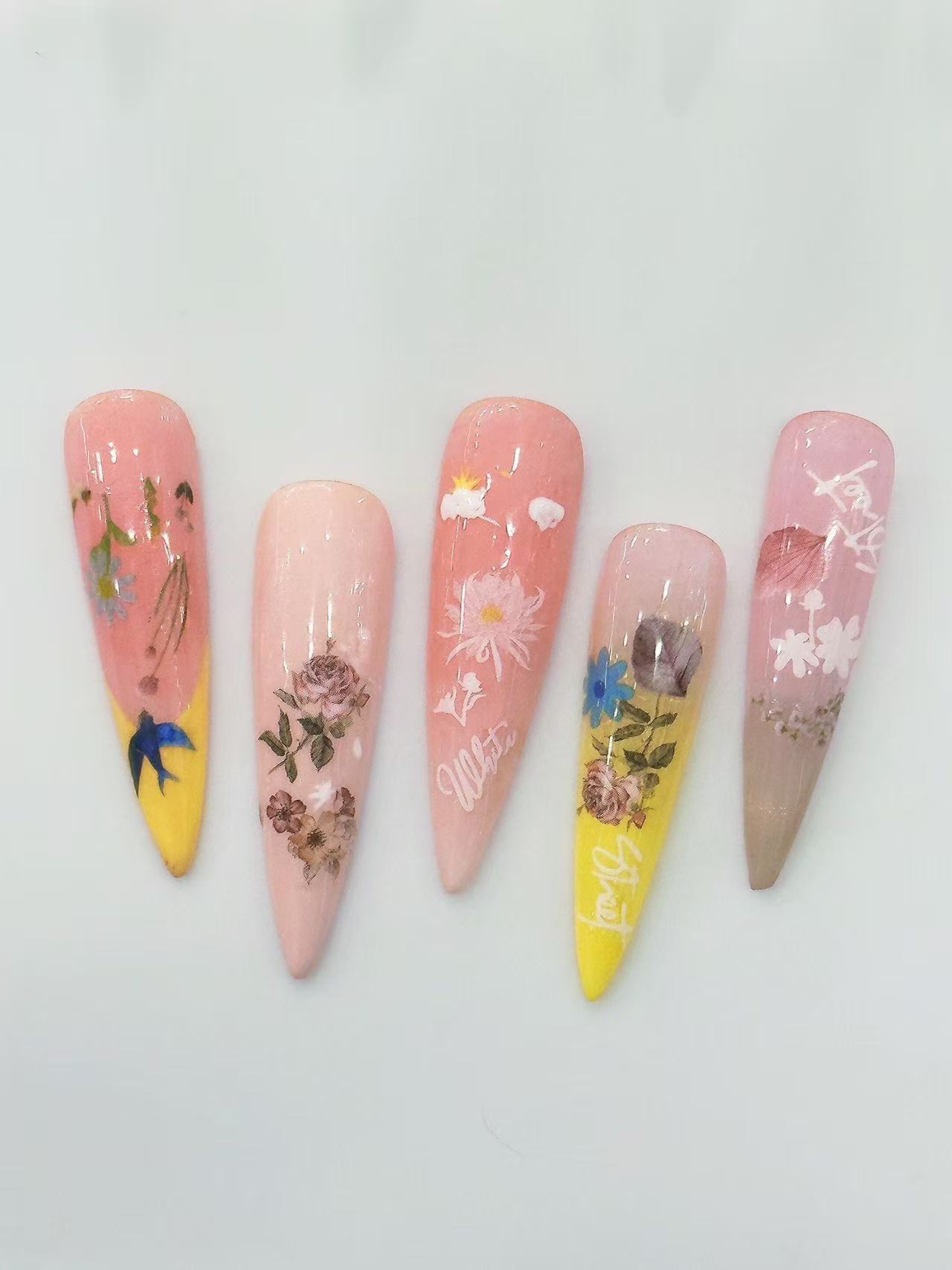 Spring Dried Flower Gradient Long Stiletto Press On Nails - handmade custom press-on nails main product photo