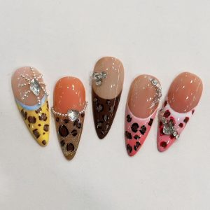 Color Block Leopard Rhinestone Long Stiletto Press On Nails - handmade custom press-on nails main product photo