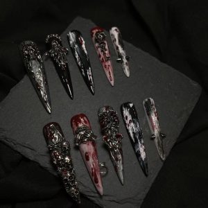 Blood Stain Skull Dark Gothic Long Stiletto Press On Nails