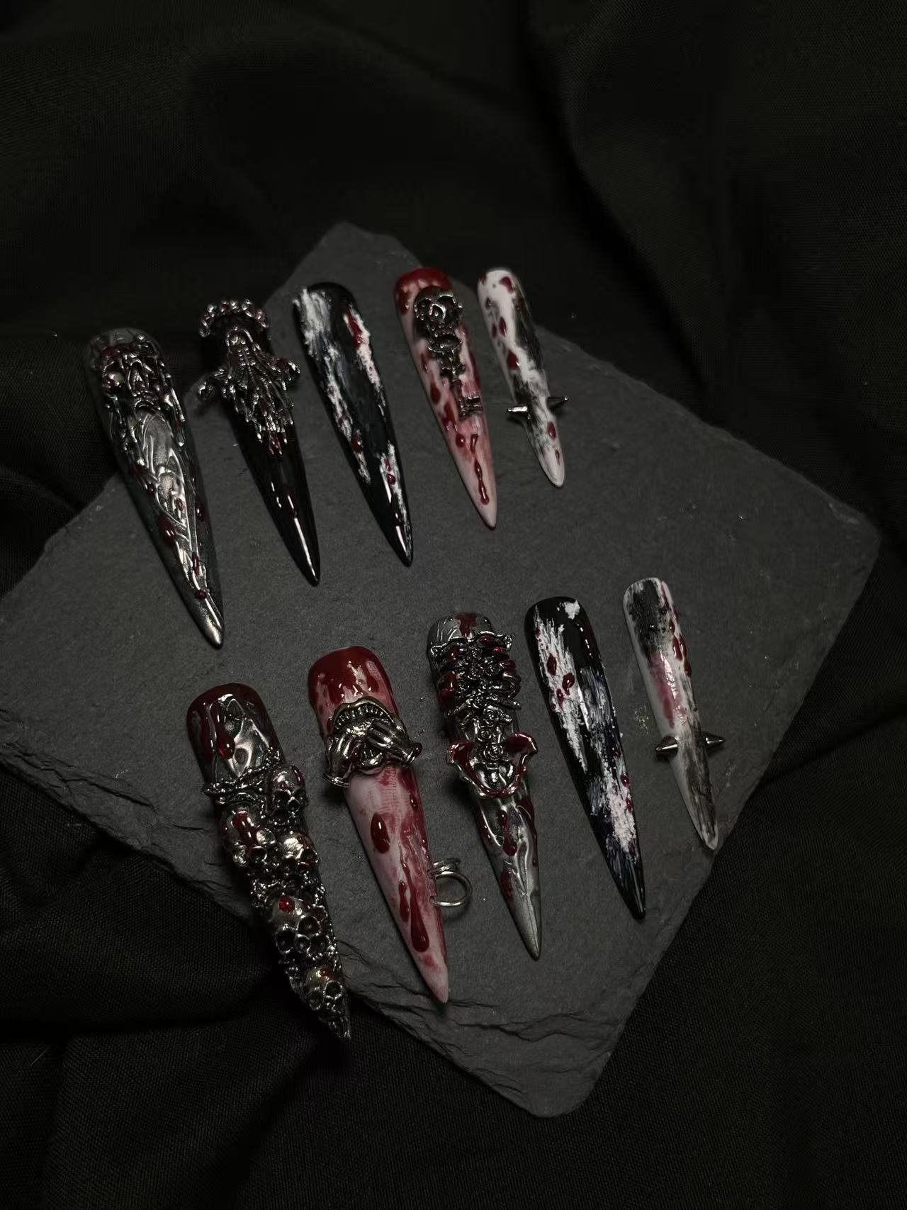 Blood Stain Skull Dark Gothic Long Stiletto Press On Nails