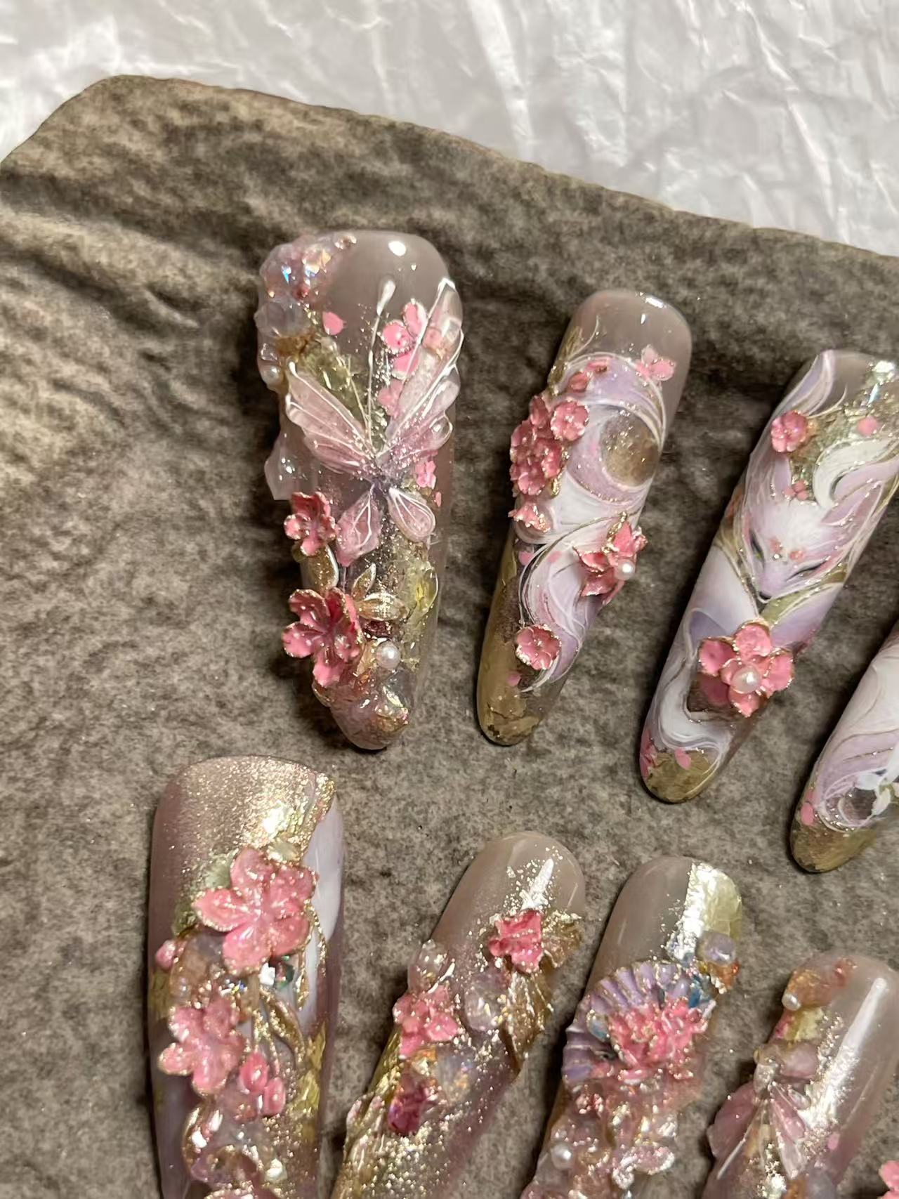 Chinese Style Fox 3D Cherry Blossom Long Stiletto Press On Nails - handmade custom press-on nails detail gallery photo