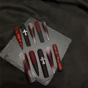 Wine Red Ink Smudge Cross Gothic Long Stiletto Press On Nails - handmade custom press-on nails main product photo