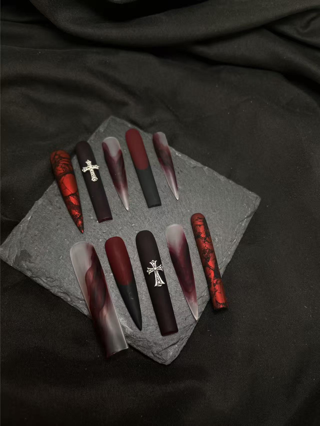 Wine Red Ink Smudge Cross Gothic Long Stiletto Press On Nails - handmade custom press-on nails main product photo