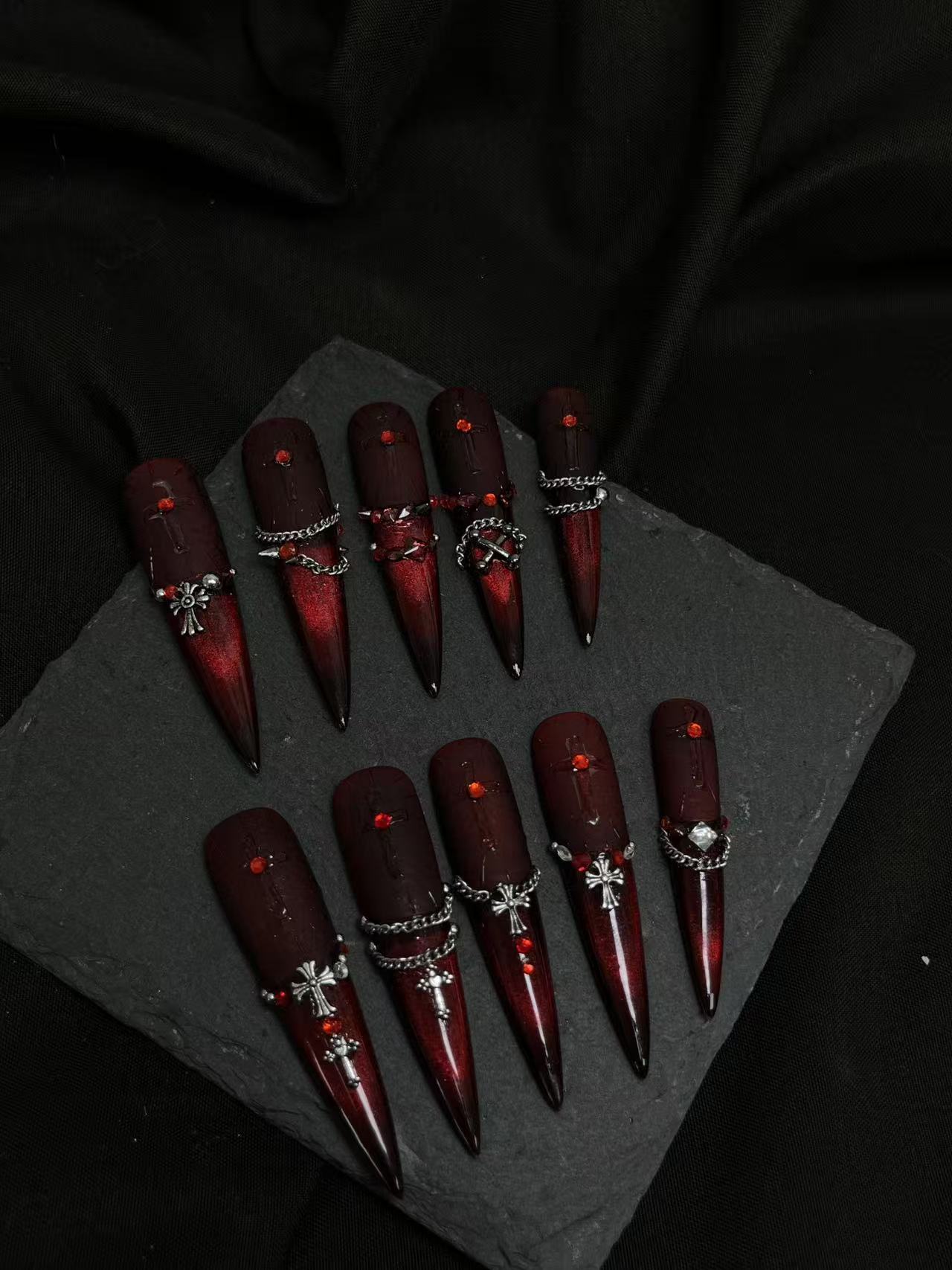 Bloodthirsty Nun Dark Red Cross Long Stiletto Press On Nails - Image 2