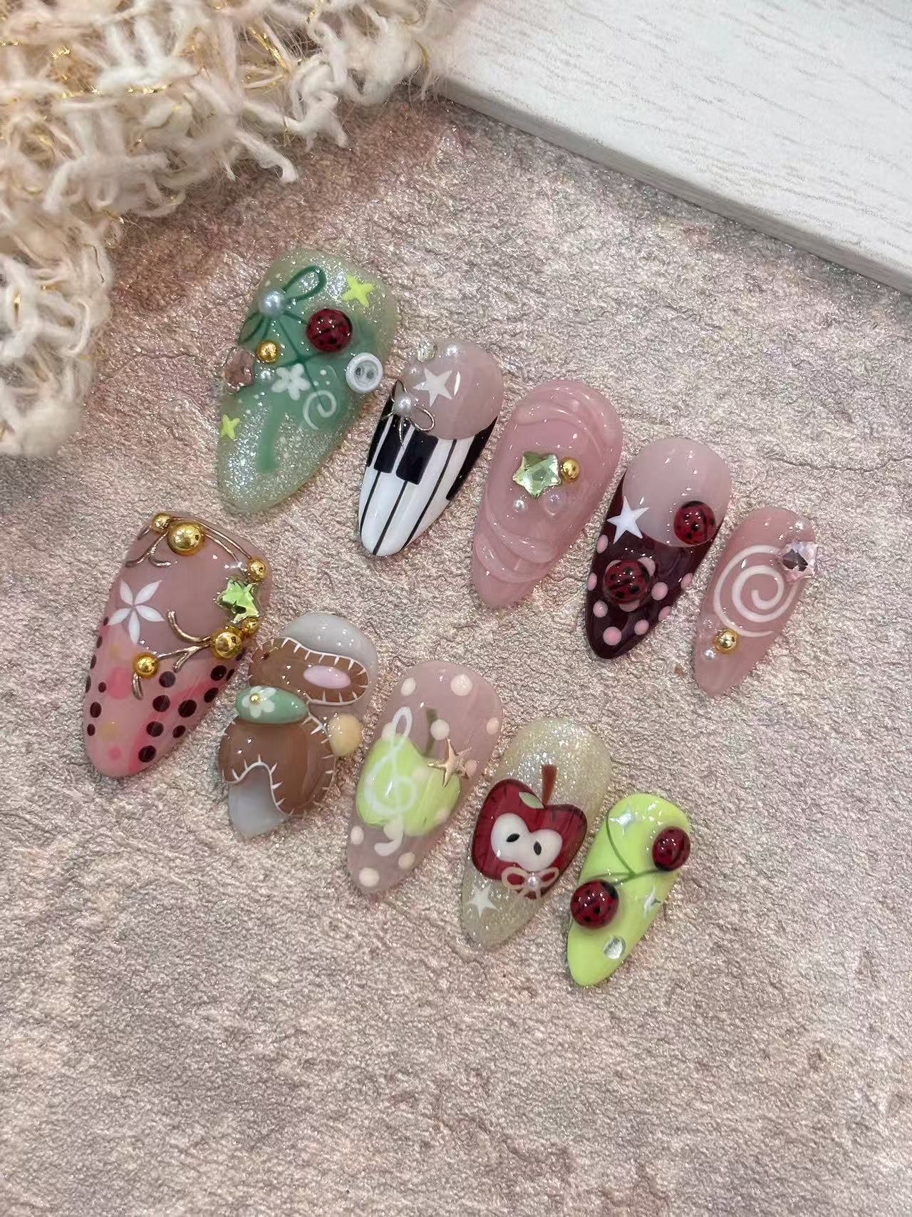 Cute Cartoon Ladybug Bear Apple Almond Press On Nails - handmade custom press-on nails detail gallery photo