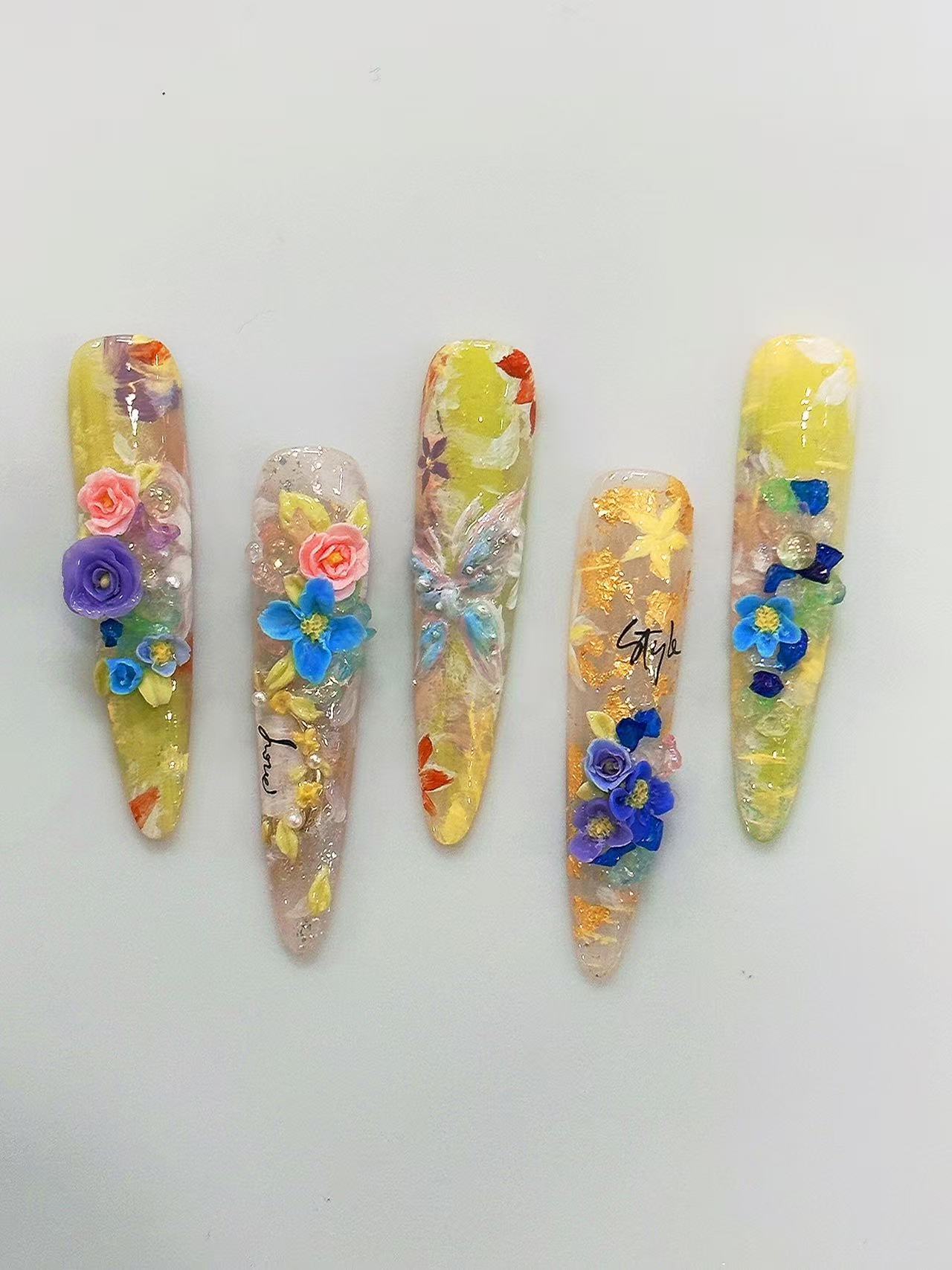 Vintage Oil Painting 3D Floral Stiletto Press On Nails - handmade custom press-on nails main product photo