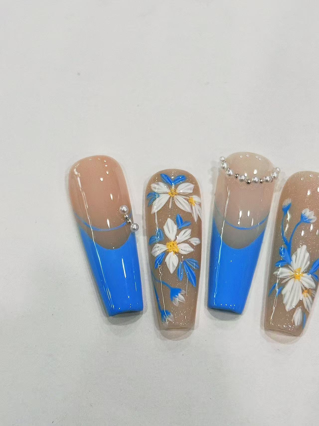 Blue French Daisy Pearl Long Coffin Press On Nails - handmade custom press-on nails detail gallery photo