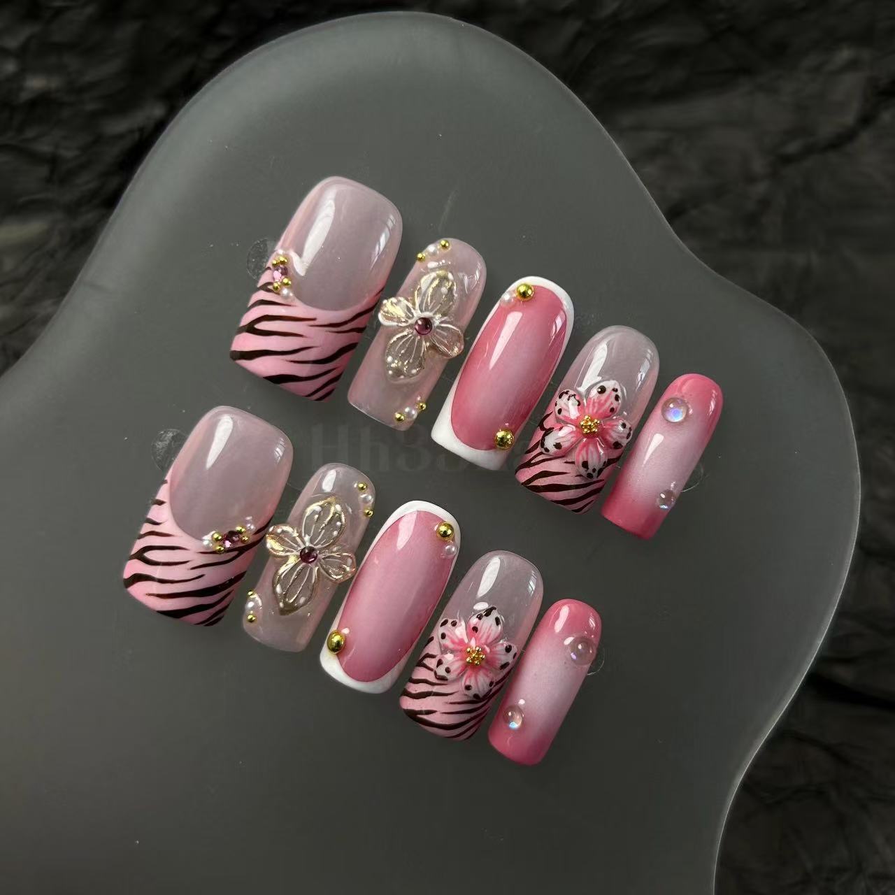 Pink Zebra‑Print 3D Flower Press‑on Nails