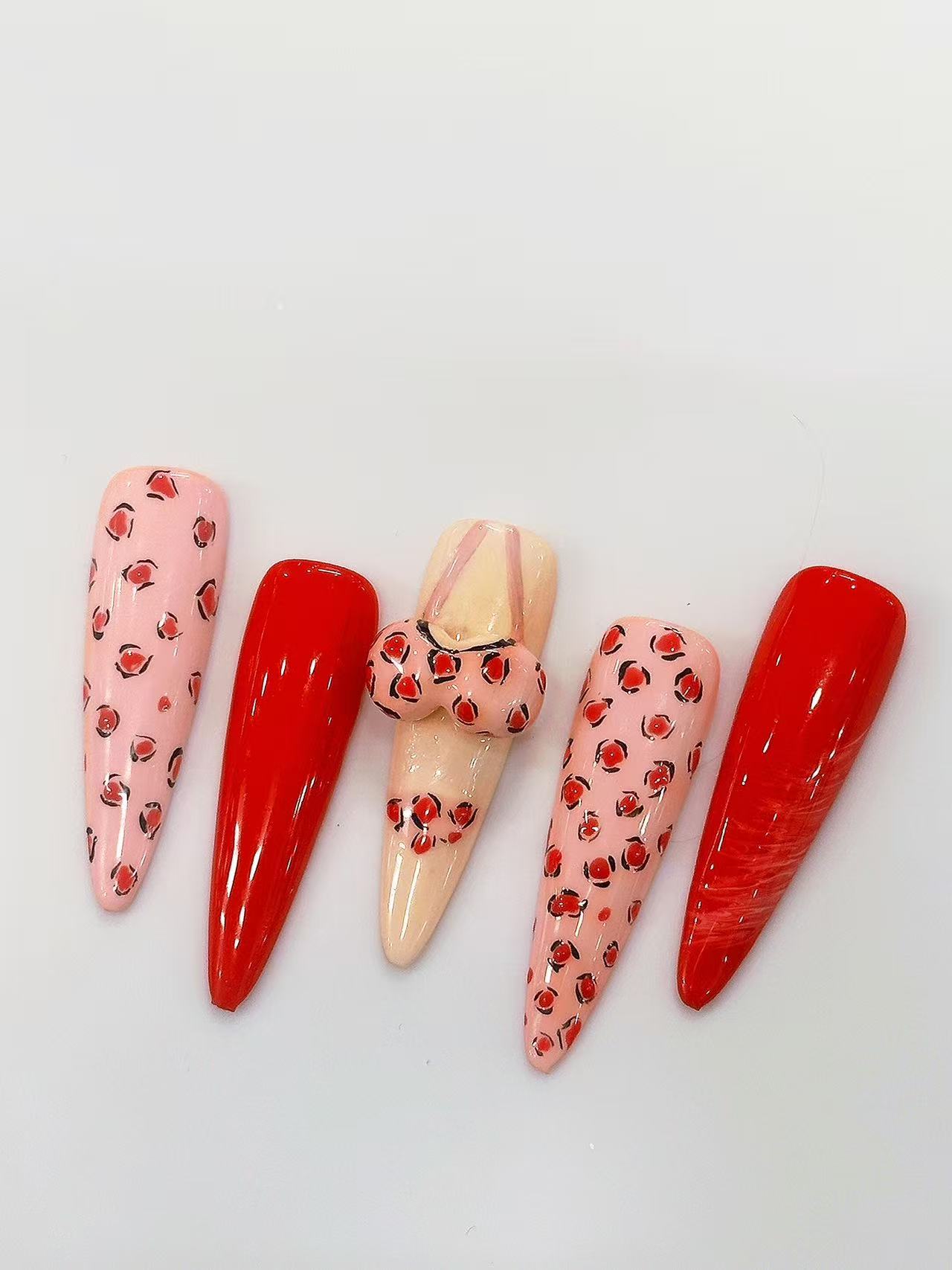 Pink Red Leopard 3D Bikini Long Stiletto Press On Nails - handmade custom press-on nails detail gallery photo