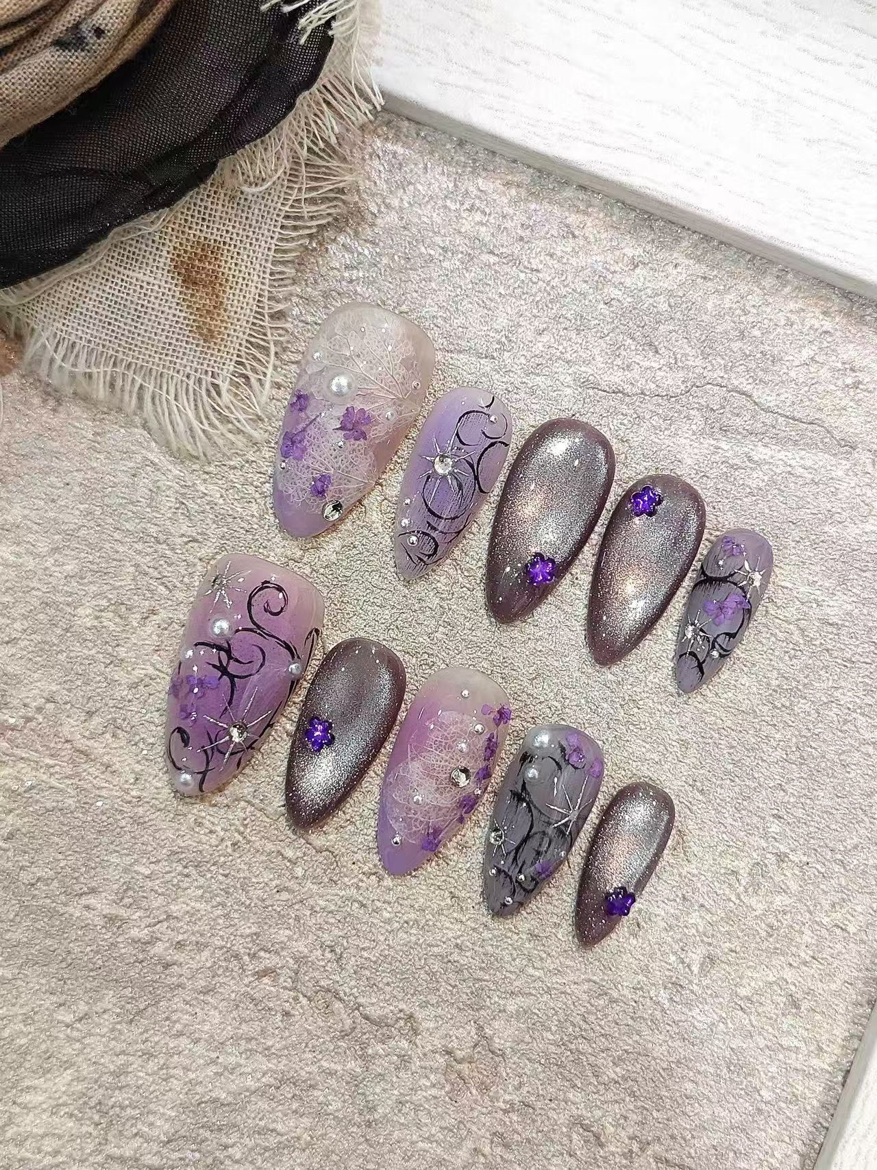Purple Cat Eye Lace Floral Almond Press On Nails - handmade custom press-on nails detail gallery photo