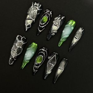 Poison Emerald Silver Metal Texture Long Stiletto Press On Nails