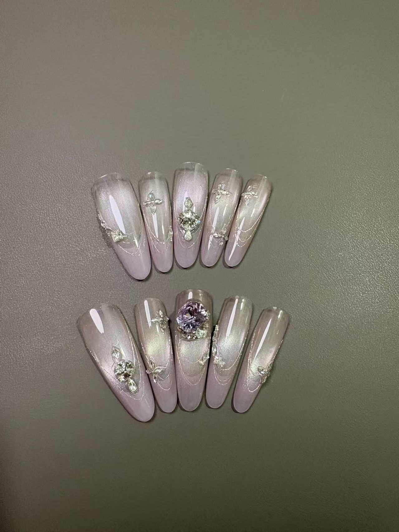 Pink Aurora Cat Eye Purple Rhinestone Long Almond Press On Nails - handmade custom press-on nails detail gallery photo