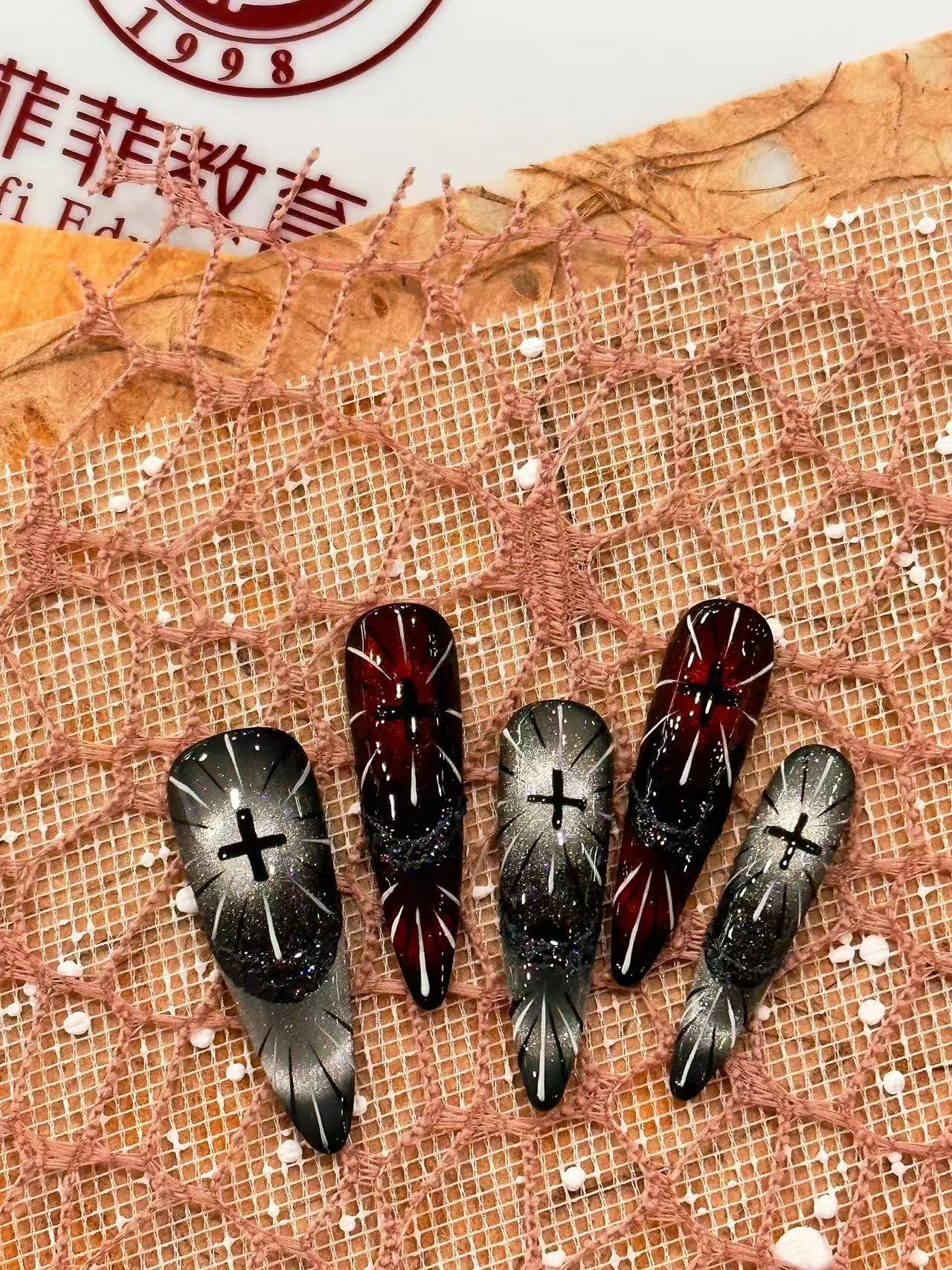 Gothic Cross Gradient Cat Eye Medium Coffin Press On Nails - handmade custom press-on nails detail gallery photo