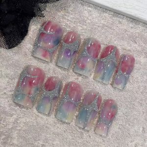 Pastel Watercolor Silver Crackle Line Square Press On Nails - handmade custom press-on nails main product photo