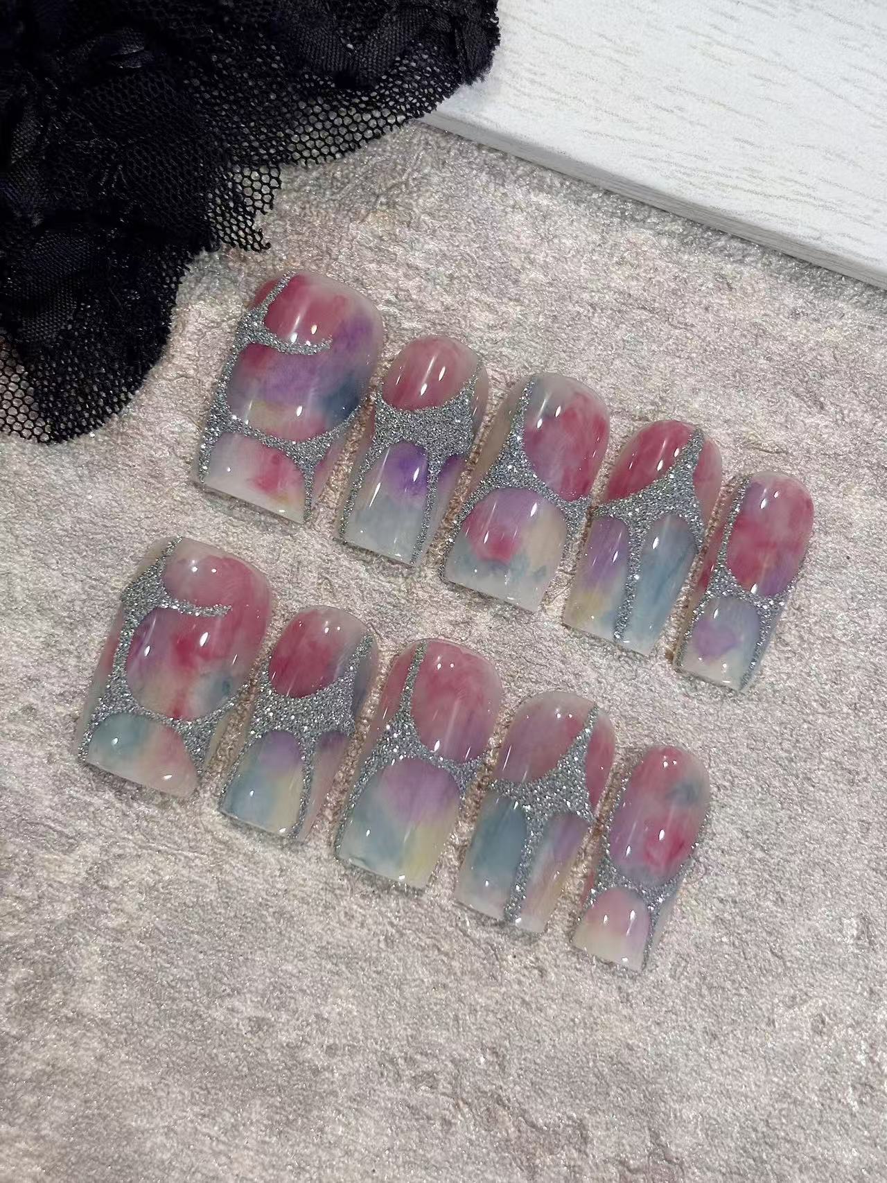 Pastel Watercolor Silver Crackle Line Square Press On Nails - handmade custom press-on nails main product photo