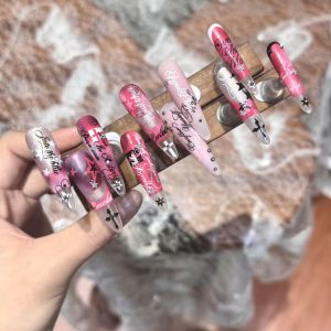 Y2K Pink Gothic Script Press On Nails