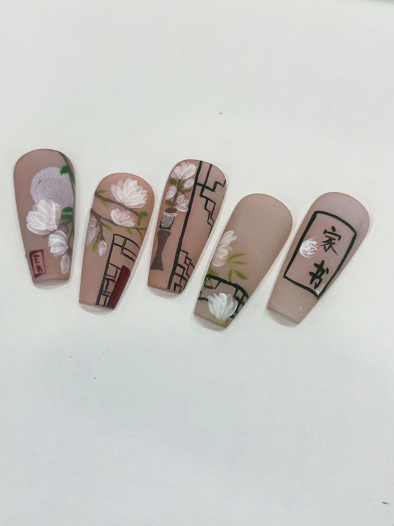 Chinese Style Magnolia “Home Letter” Matte Long Coffin Press On Nails - handmade custom press-on nails detail gallery photo