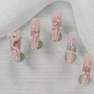 3D Peach Blossom Snake Nude Long Coffin Nails - handmade custom press-on nails main product photo