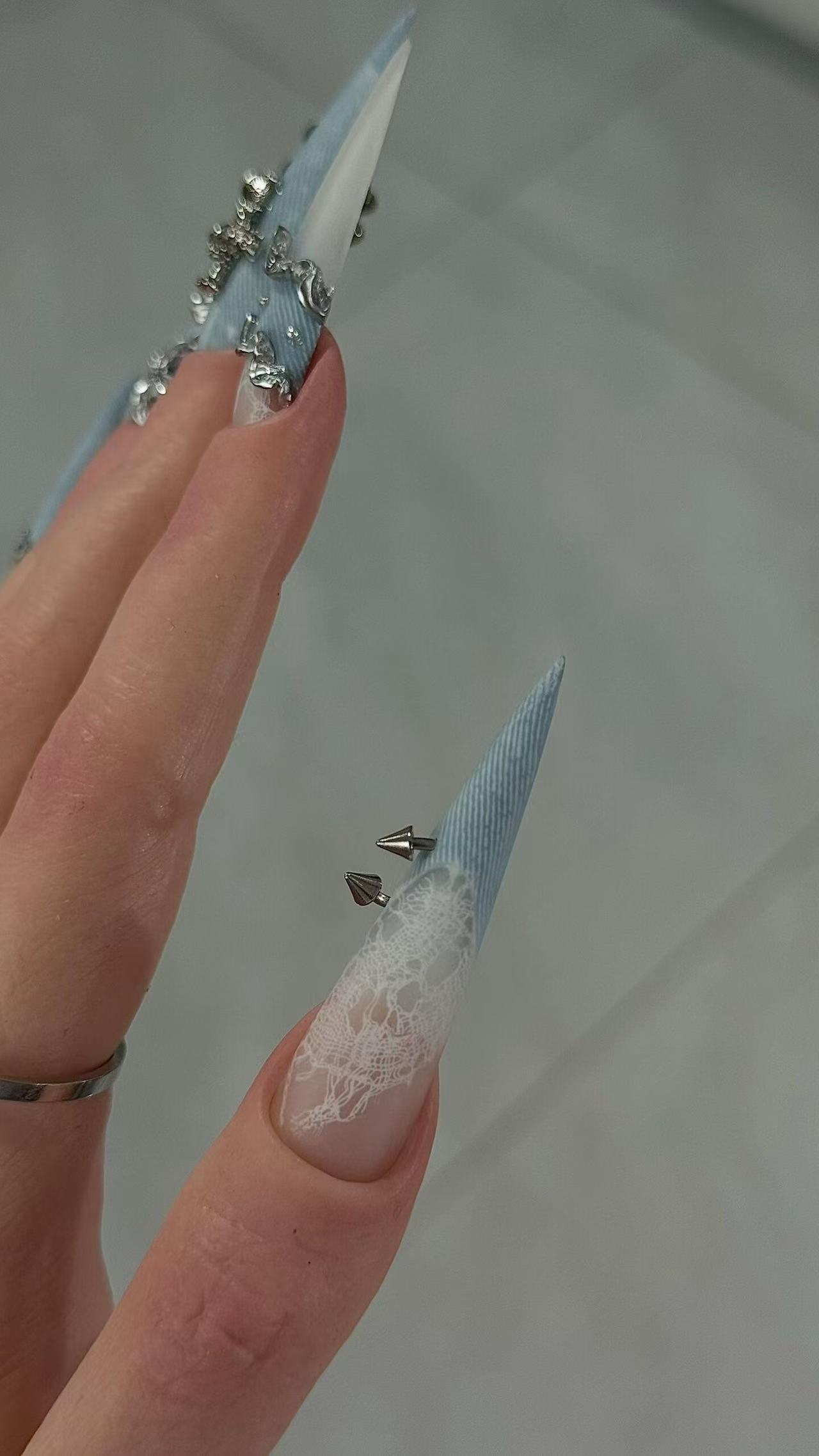 Denim Texture Extra Long Stiletto Press On Nails With Silver Cross Charms - handmade custom press-on nails detail gallery photo